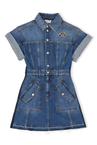 Denim Buttoned Mini Dress with Crystal Brooch